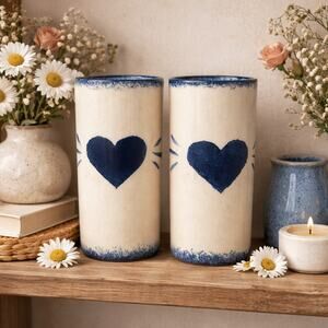 Vintage Country Heart Blue Rim Ceramic Tumbler Vase Set Rustic Cottage Set of 2
